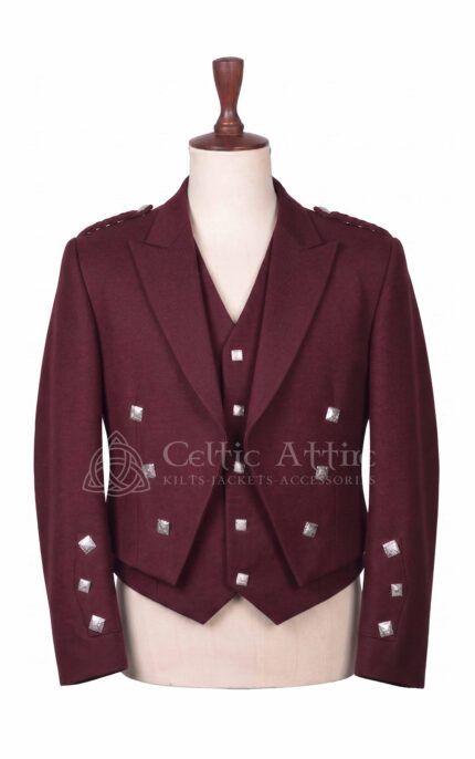 Men's maroon Prince Charlie jacket and waistcoat set with silver buttons, front view