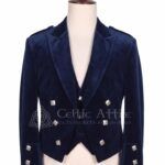 Men's navy velvet Prince Charlie jacket and waistcoat set with silver buttons, front view