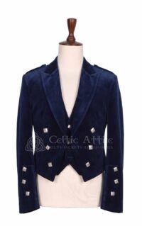 Men's navy velvet Prince Charlie jacket and waistcoat set with silver buttons, front view