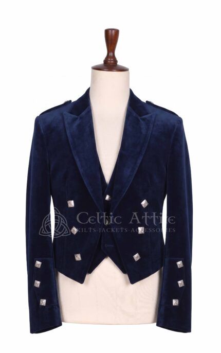 Men's navy velvet Prince Charlie jacket and waistcoat set with silver buttons, front view