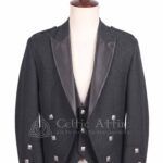 Men's charcoal Prince Charlie jacket and waistcoat set with satin lapel and silver buttons, front view
