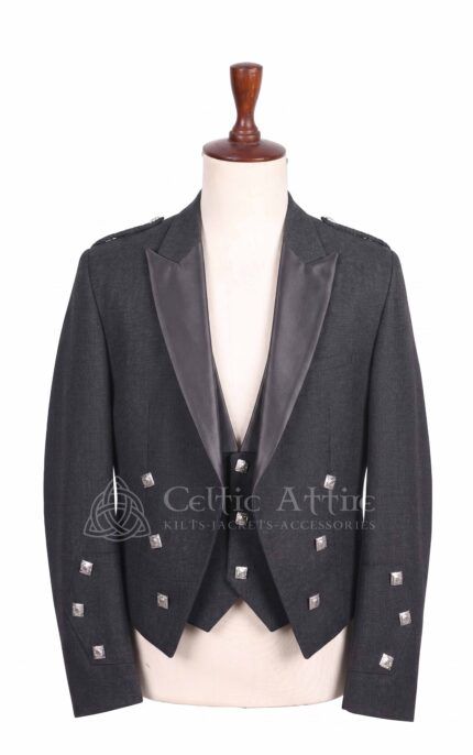 Men's charcoal Prince Charlie jacket and waistcoat set with satin lapel and silver buttons, front view