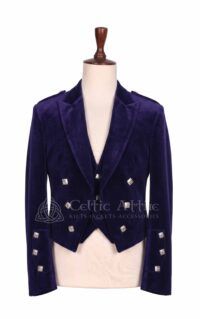 Men's navy velvet Prince Charlie jacket and waistcoat set with silver buttons, front view