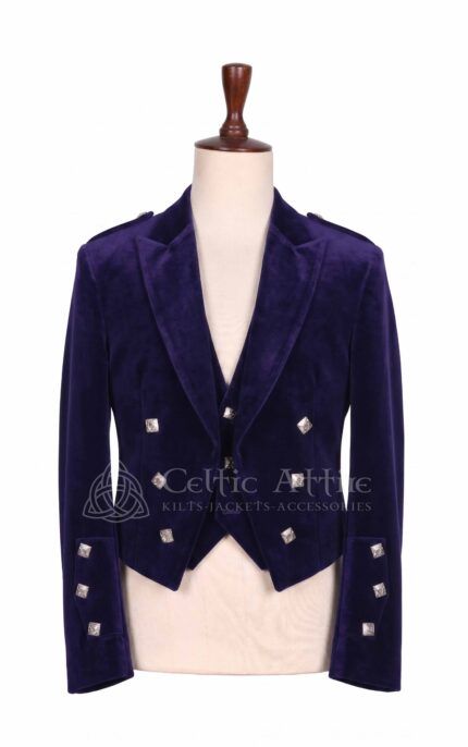 Men's navy velvet Prince Charlie jacket and waistcoat set with silver buttons, front view
