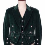 Men's green velvet Prince Charlie jacket and waistcoat set with silver buttons, front view