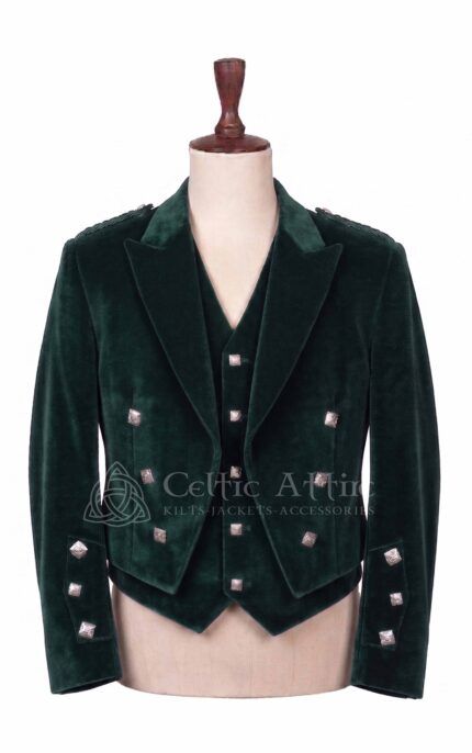 Men's green velvet Prince Charlie jacket and waistcoat set with silver buttons, front view