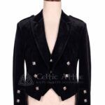 Men's black velvet Prince Charlie jacket and waistcoat set with silver buttons, front view