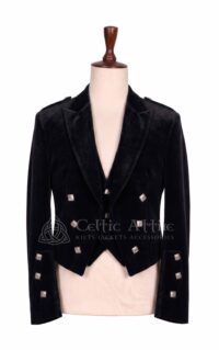 Men's black velvet Prince Charlie jacket and waistcoat set with silver buttons, front view