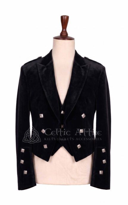 Men's black velvet Prince Charlie jacket and waistcoat set with silver buttons, front view