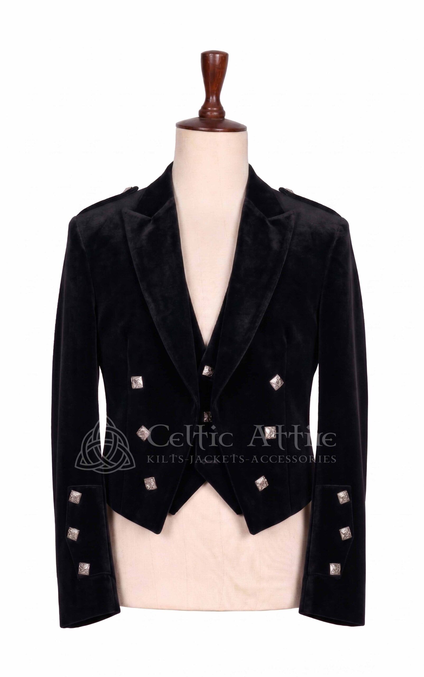 Men's black velvet Prince Charlie jacket and waistcoat set with silver buttons, front view Men's black velvet Prince Charlie jacket and waistcoat set with silver buttons, front view