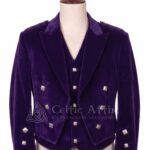 Men's purple velvet Prince Charlie jacket and waistcoat set with silver buttons, front view