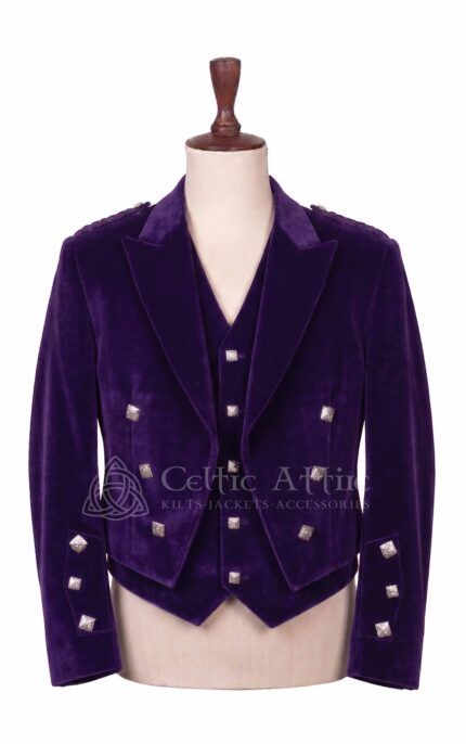 Men's purple velvet Prince Charlie jacket and waistcoat set with silver buttons, front view