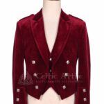 Men's maroon velvet Prince Charlie jacket and waistcoat set with silver buttons, front view