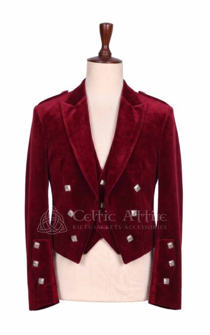 Men's maroon velvet Prince Charlie jacket and waistcoat set with silver buttons, front view