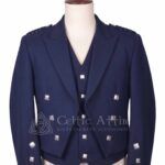 Men's navy blue Prince Charlie jacket and waistcoat set with silver buttons, front view