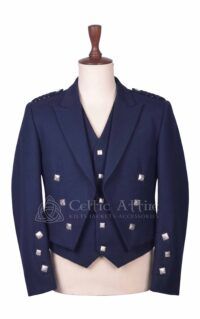 Men's navy blue Prince Charlie jacket and waistcoat set with silver buttons, front view