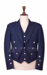 Men's navy blue Prince Charlie jacket and waistcoat set with silver buttons, front view
