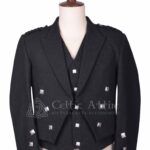 Men's black Prince Charlie jacket and waistcoat set with silver buttons, front view