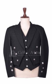 Men's black Prince Charlie jacket and waistcoat set with silver buttons, front view