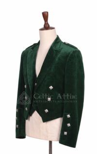 Men's green velvet Prince Charlie jacket back view with tailored seaming and pocket detail