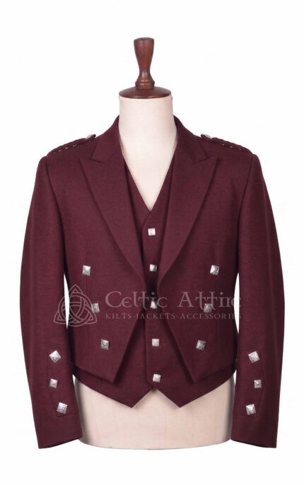 Maroon Prince Charlie jacket back view with braided epaulettes