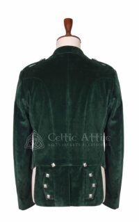 Men's green velvet Prince Charlie jacket back view with tailored seaming and pocket detail