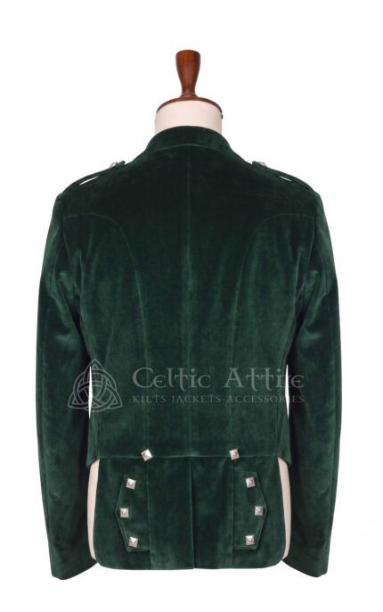 Men's green velvet Prince Charlie jacket back view with tailored seaming and pocket detail