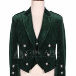 Men's green velvet Prince Charlie jacket and waistcoat set with silver buttons, front view