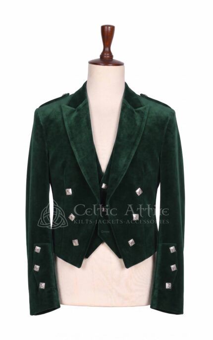Men's green velvet Prince Charlie jacket and waistcoat set with silver buttons, front view