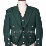Men's green Prince Charlie jacket and waistcoat set with silver buttons, front view