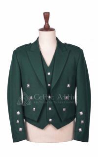 Men's green Prince Charlie jacket and waistcoat set with silver buttons, front view