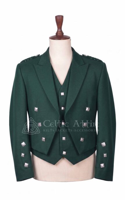 Men's green Prince Charlie jacket and waistcoat set with silver buttons, front view