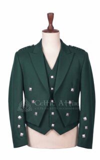 Men's green Prince Charlie jacket and waistcoat set with silver buttons, front view