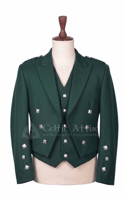 Men's green Prince Charlie jacket and waistcoat set with silver buttons, front view