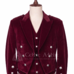 Men's maroon velvet Prince Charlie jacket and waistcoat set with silver buttons, front view