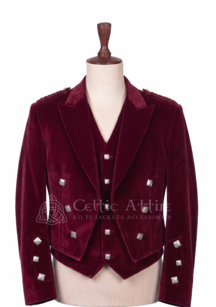 Men's maroon velvet Prince Charlie jacket and waistcoat set with silver buttons, front view